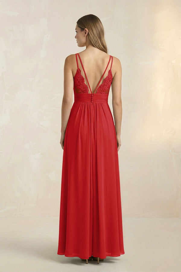V - Neck A - Line Pleated Chiffon Bridesmaid Dress in Ruby Red - KissProm Bridesmaid Dresses