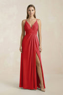 V - Neck A - Line Pleated Chiffon Bridesmaid Dress in Ruby Red - KissProm Bridesmaid Dresses