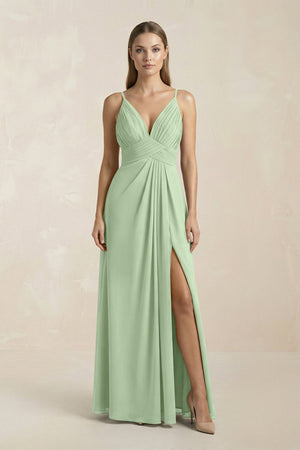 V - Neck A - Line Pleated Chiffon Bridesmaid Dress in Sage - KissProm Bridesmaid Dresses