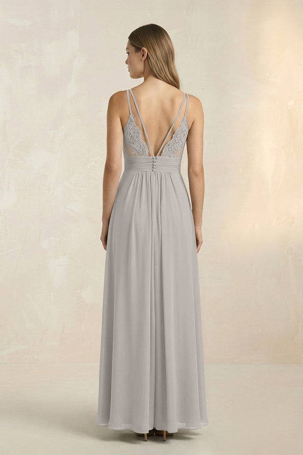 V - Neck A - Line Pleated Chiffon Bridesmaid Dress in Silver - KissProm Bridesmaid Dresses