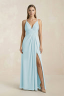 V - Neck A - Line Pleated Chiffon Bridesmaid Dress in Sky Blue - KissProm Bridesmaid Dresses