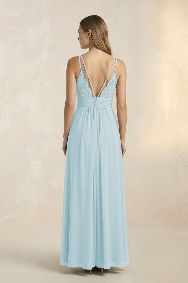 V - Neck A - Line Pleated Chiffon Bridesmaid Dress in Sky Blue - KissProm Bridesmaid Dresses