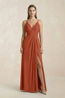 V - Neck A - Line Pleated Chiffon Bridesmaid Dress in Spice - KissProm Bridesmaid Dresses