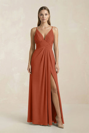 V - Neck A - Line Pleated Chiffon Bridesmaid Dress in Spice - KissProm Bridesmaid Dresses