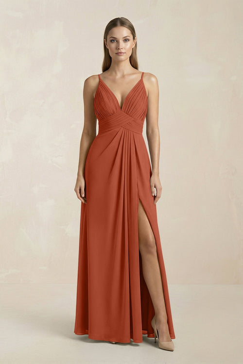 V - Neck A - Line Pleated Chiffon Bridesmaid Dress in Spice - KissProm Bridesmaid Dresses
