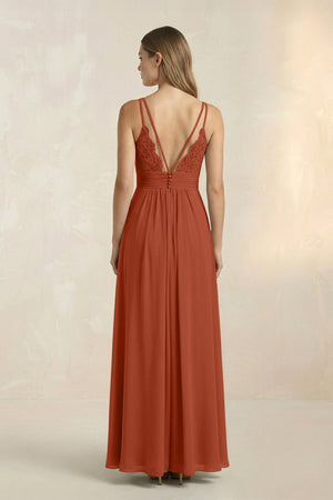 V - Neck A - Line Pleated Chiffon Bridesmaid Dress in Spice - KissProm Bridesmaid Dresses