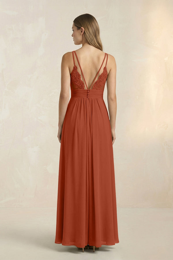 V - Neck A - Line Pleated Chiffon Bridesmaid Dress in Spice - KissProm Bridesmaid Dresses