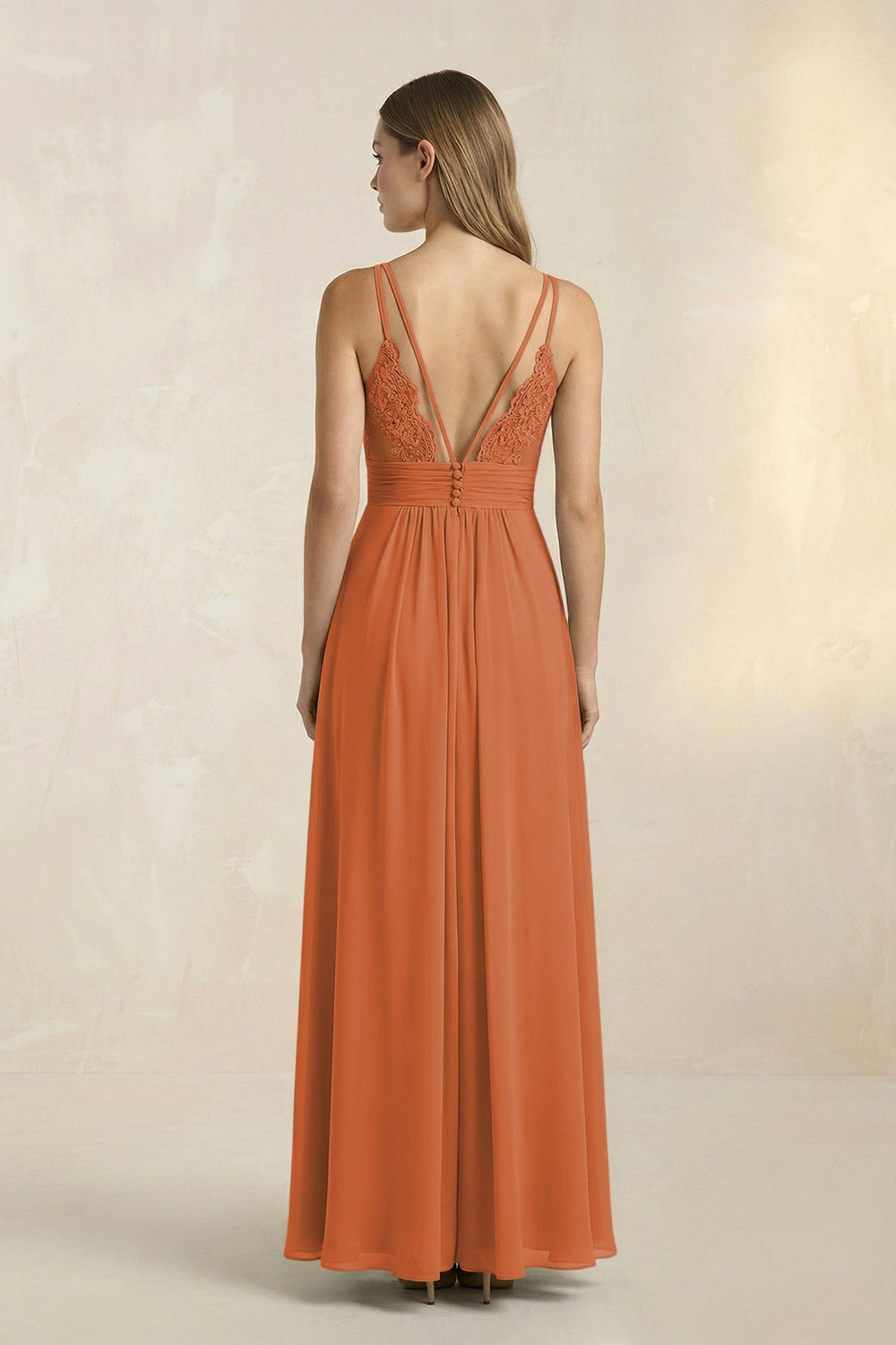 V - Neck A - Line Pleated Chiffon Bridesmaid Dress in Terracotta - KissProm Bridesmaid Dresses