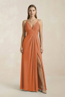 V - Neck A - Line Pleated Chiffon Bridesmaid Dress in Terracotta - KissProm Bridesmaid Dresses