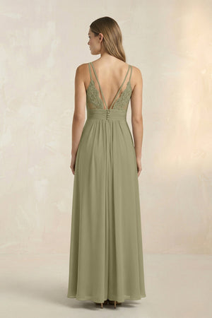 V - Neck A - Line Pleated Chiffon Bridesmaid Dress in Thyme - KissProm Bridesmaid Dresses