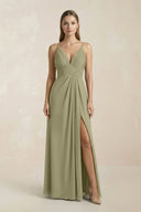V - Neck A - Line Pleated Chiffon Bridesmaid Dress in Thyme - KissProm Bridesmaid Dresses