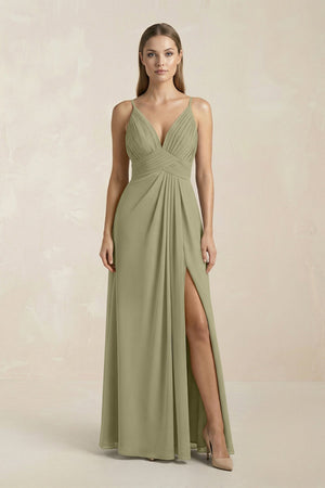 V - Neck A - Line Pleated Chiffon Bridesmaid Dress in Thyme - KissProm Bridesmaid Dresses