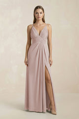 V - Neck A - Line Pleated Chiffon Bridesmaid Dress in Toffee - KissProm Bridesmaid Dresses