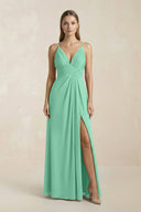 V - Neck A - Line Pleated Chiffon Bridesmaid Dress in Turquoise - KissProm Bridesmaid Dresses