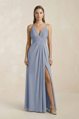 V - Neck A - Line Pleated Chiffon Bridesmaid Dress in Twilight - KissProm Bridesmaid Dresses
