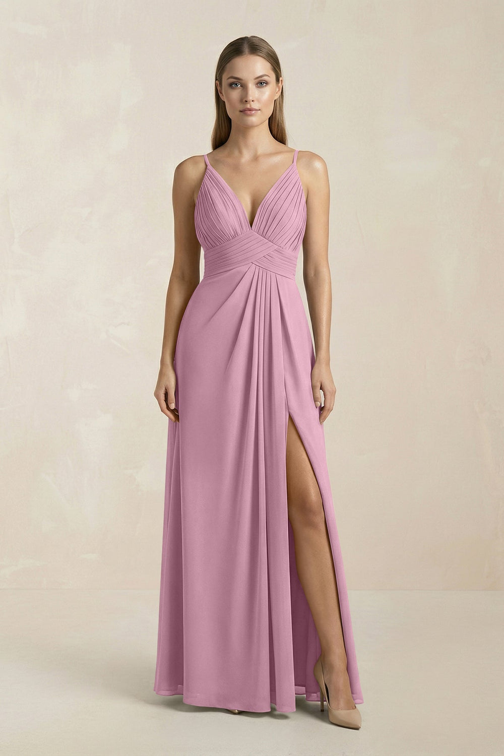 V - Neck A - Line Pleated Chiffon Bridesmaid Dress in Vintage Mauve - KissProm Bridesmaid Dresses