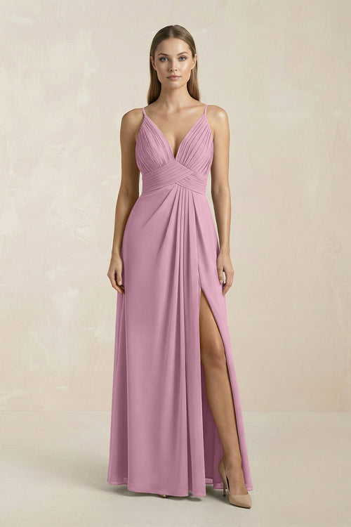 V - Neck A - Line Pleated Chiffon Bridesmaid Dress in Vintage Mauve - KissProm Bridesmaid Dresses