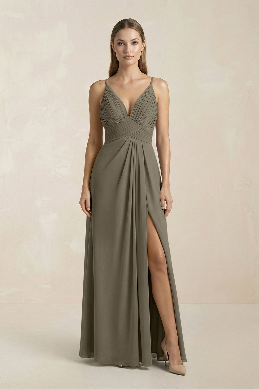 V - Neck A - Line Pleated Chiffon Bridesmaid Dress in Willow Green - KissProm Bridesmaid Dresses