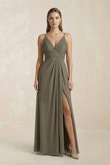 V - Neck A - Line Pleated Chiffon Bridesmaid Dress in Willow Green - KissProm Bridesmaid Dresses