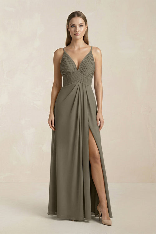 V - Neck A - Line Pleated Chiffon Bridesmaid Dress in Willow Green - KissProm Bridesmaid Dresses