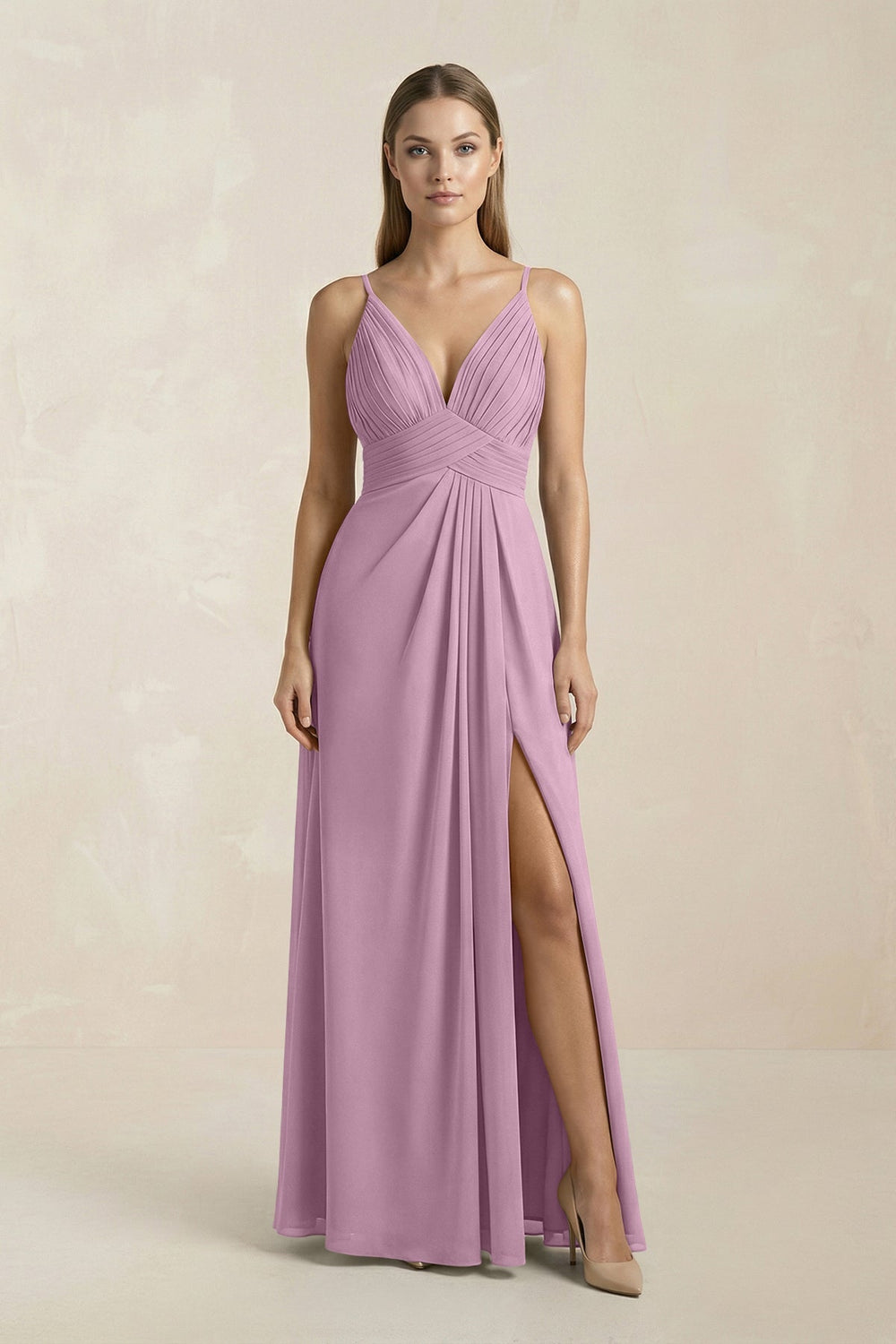 V - Neck A - Line Pleated Chiffon Bridesmaid Dress in Wisteria - KissProm Bridesmaid Dresses