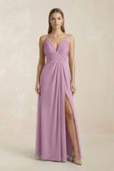 V - Neck A - Line Pleated Chiffon Bridesmaid Dress in Wisteria - KissProm Bridesmaid Dresses