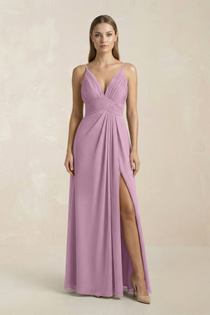 V - Neck A - Line Pleated Chiffon Bridesmaid Dress in Wisteria - KissProm Bridesmaid Dresses