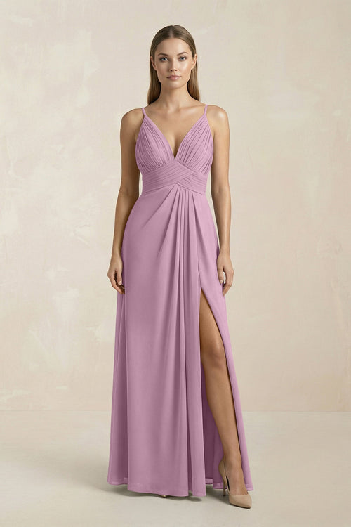 V - Neck A - Line Pleated Chiffon Bridesmaid Dress in Wisteria - KissProm Bridesmaid Dresses