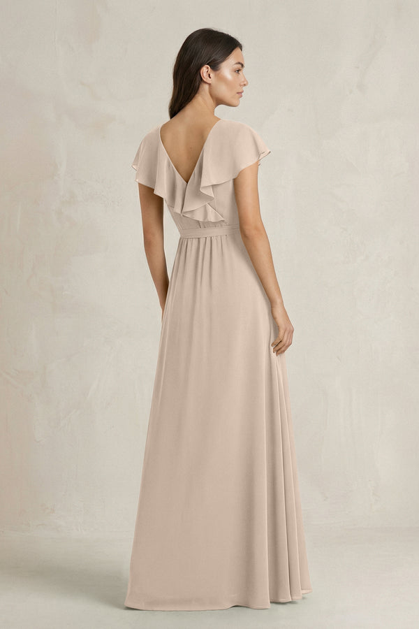 V - Neck A - Line Ruffled Chiffon Bridesmaid Dress With Bow in Almond - KissProm Bridesmaid Dresses
