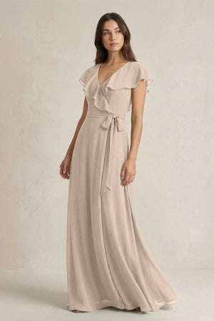 V - Neck A - Line Ruffled Chiffon Bridesmaid Dress With Bow in Almond - KissProm Bridesmaid Dresses