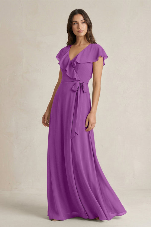V - Neck A - Line Ruffled Chiffon Bridesmaid Dress With Bow in Amethyst - KissProm Bridesmaid Dresses