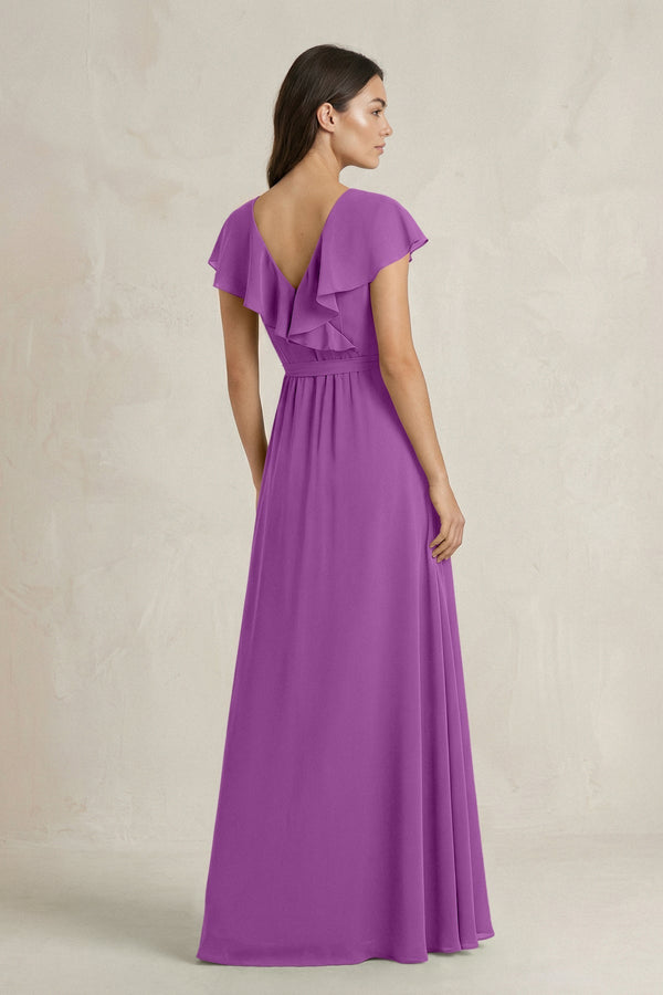 V - Neck A - Line Ruffled Chiffon Bridesmaid Dress With Bow in Amethyst - KissProm Bridesmaid Dresses