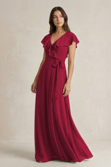 V - Neck A - Line Ruffled Chiffon Bridesmaid Dress With Bow in Berry - KissProm Bridesmaid Dresses
