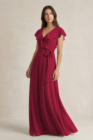 V - Neck A - Line Ruffled Chiffon Bridesmaid Dress With Bow in Berry - KissProm Bridesmaid Dresses