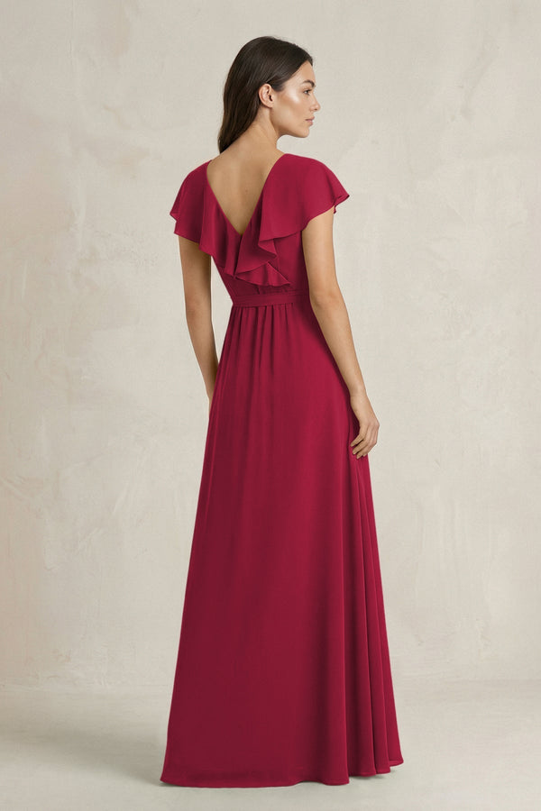 V - Neck A - Line Ruffled Chiffon Bridesmaid Dress With Bow in Berry - KissProm Bridesmaid Dresses