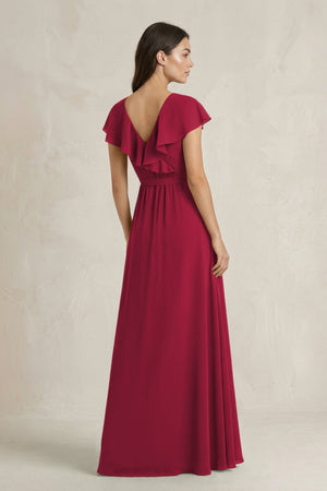 V - Neck A - Line Ruffled Chiffon Bridesmaid Dress With Bow in Berry - KissProm Bridesmaid Dresses