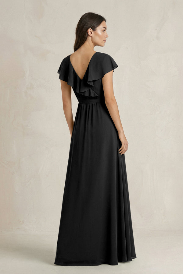 V - Neck A - Line Ruffled Chiffon Bridesmaid Dress With Bow in Black - KissProm Bridesmaid Dresses