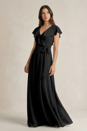 V - Neck A - Line Ruffled Chiffon Bridesmaid Dress With Bow in Black - KissProm Bridesmaid Dresses