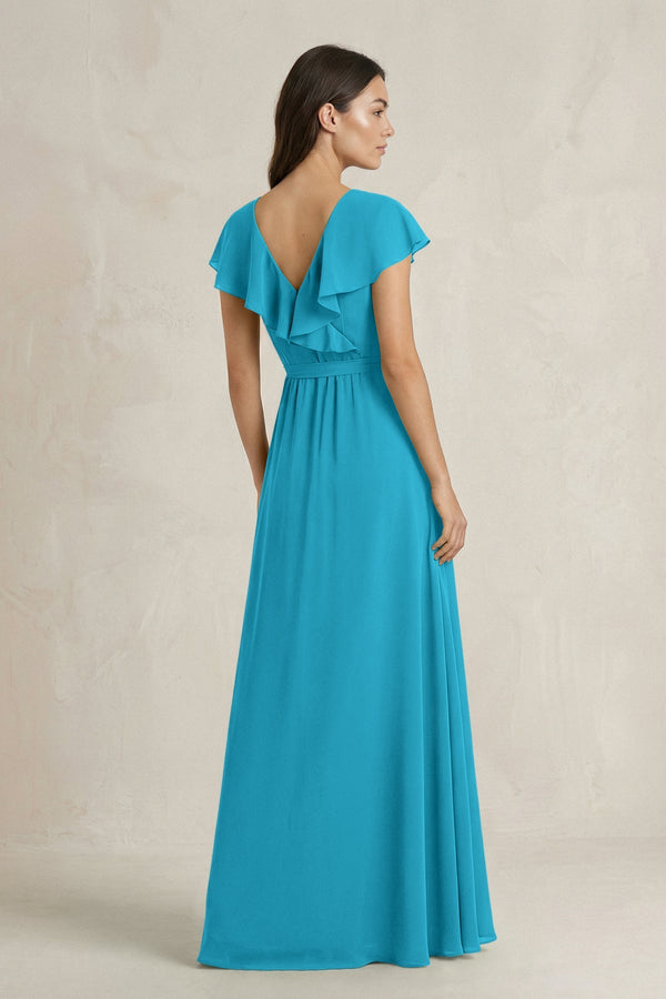 V - Neck A - Line Ruffled Chiffon Bridesmaid Dress With Bow in Blue Jay - KissProm Bridesmaid Dresses