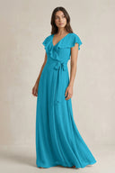 V - Neck A - Line Ruffled Chiffon Bridesmaid Dress With Bow in Blue Jay - KissProm Bridesmaid Dresses