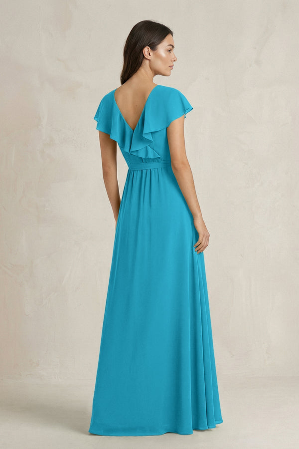 V - Neck A - Line Ruffled Chiffon Bridesmaid Dress With Bow in Blue Jay - KissProm Bridesmaid Dresses