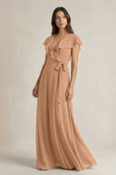 V - Neck A - Line Ruffled Chiffon Bridesmaid Dress With Bow in Bronzer - KissProm Bridesmaid Dresses