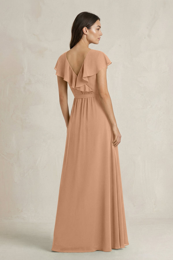 V - Neck A - Line Ruffled Chiffon Bridesmaid Dress With Bow in Bronzer - KissProm Bridesmaid Dresses