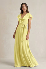 V - Neck A - Line Ruffled Chiffon Bridesmaid Dress With Bow in Buttercup - KissProm Bridesmaid Dresses