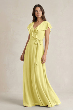 V - Neck A - Line Ruffled Chiffon Bridesmaid Dress With Bow in Buttercup - KissProm Bridesmaid Dresses