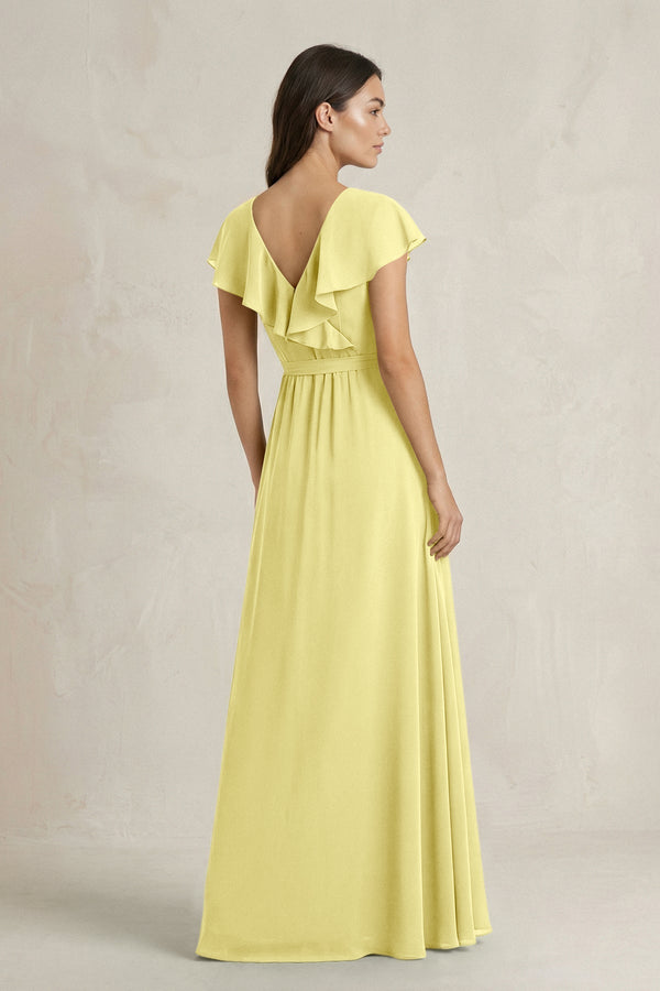 V - Neck A - Line Ruffled Chiffon Bridesmaid Dress With Bow in Buttercup - KissProm Bridesmaid Dresses