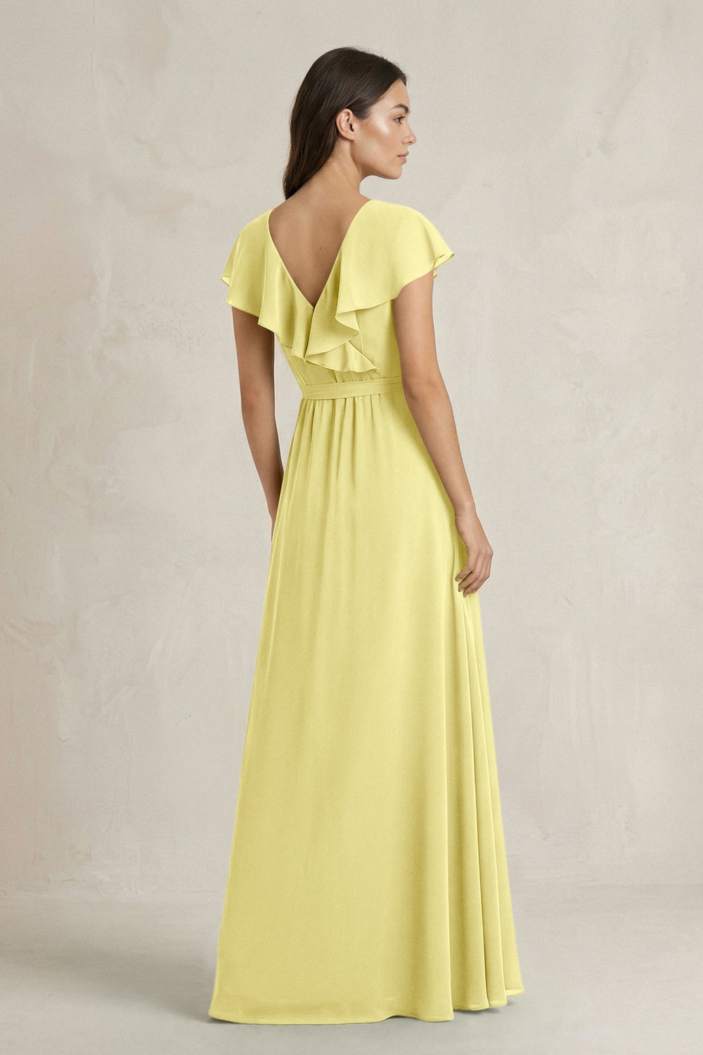 V - Neck A - Line Ruffled Chiffon Bridesmaid Dress With Bow in Buttercup - KissProm Bridesmaid Dresses