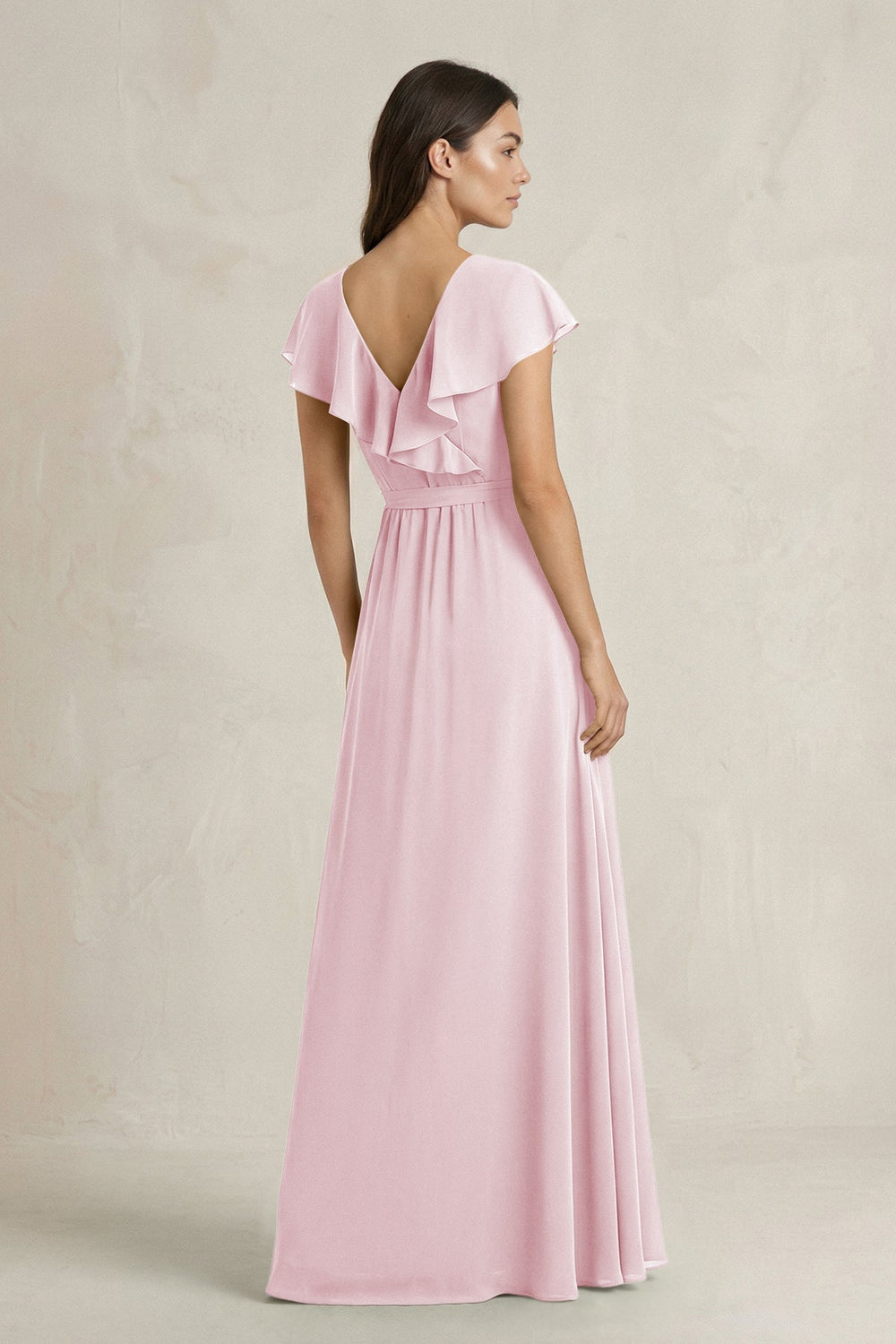 V - Neck A - Line Ruffled Chiffon Bridesmaid Dress With Bow in Candy Pink - KissProm Bridesmaid Dresses