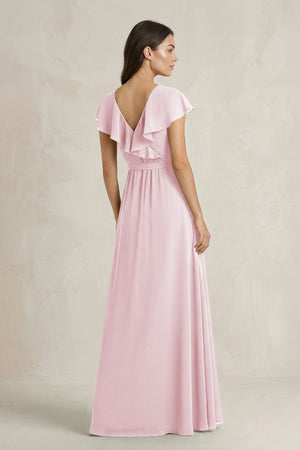 V - Neck A - Line Ruffled Chiffon Bridesmaid Dress With Bow in Candy Pink - KissProm Bridesmaid Dresses