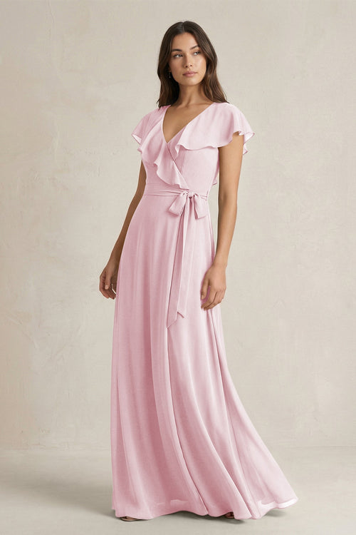 V - Neck A - Line Ruffled Chiffon Bridesmaid Dress With Bow in Candy Pink - KissProm Bridesmaid Dresses